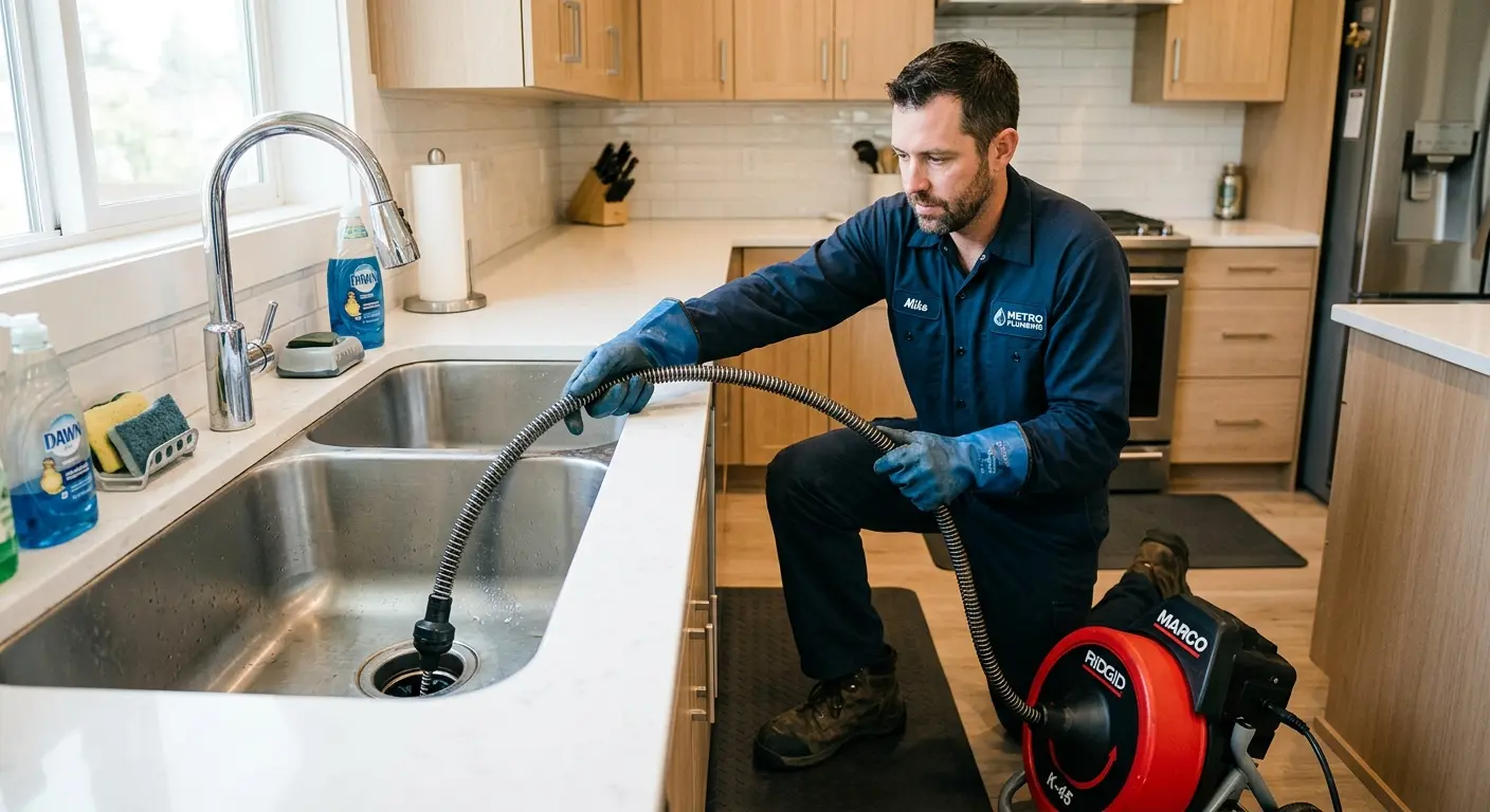 Drain cleaning technician using a motorized snake on a kitchen sink in Rockaway