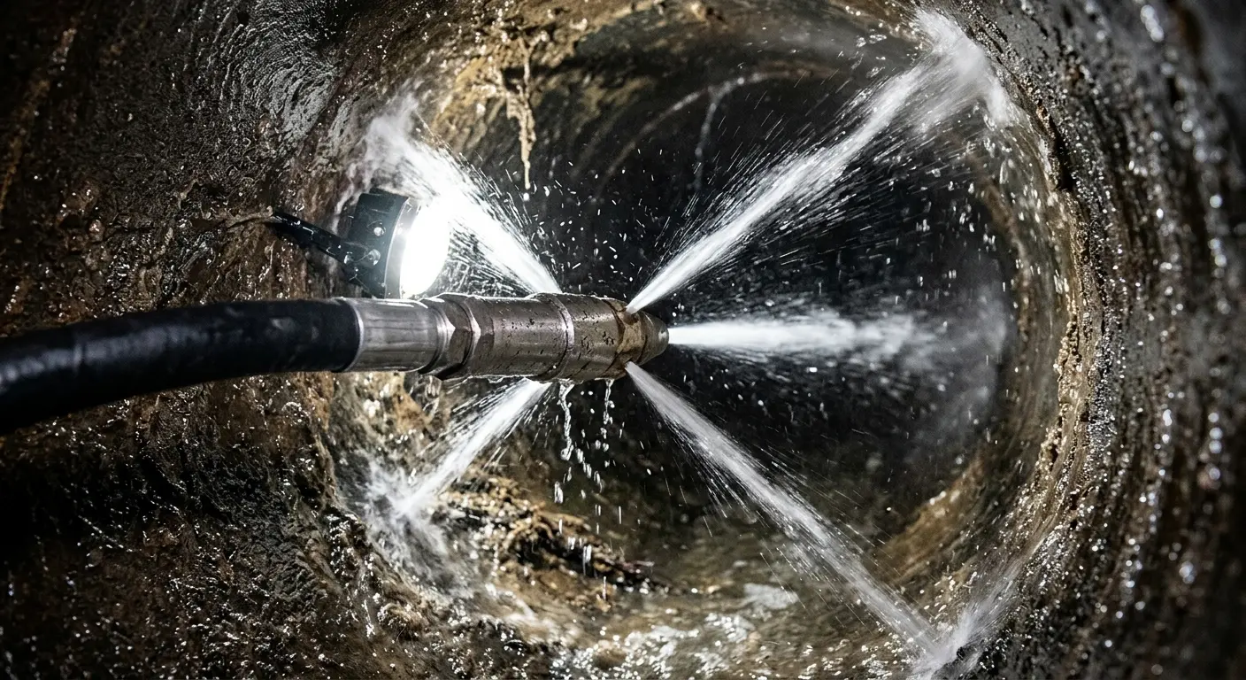 High-pressure hydro jetting nozzle cleaning sewer pipe for Sewer Cleanout in Rockaway
