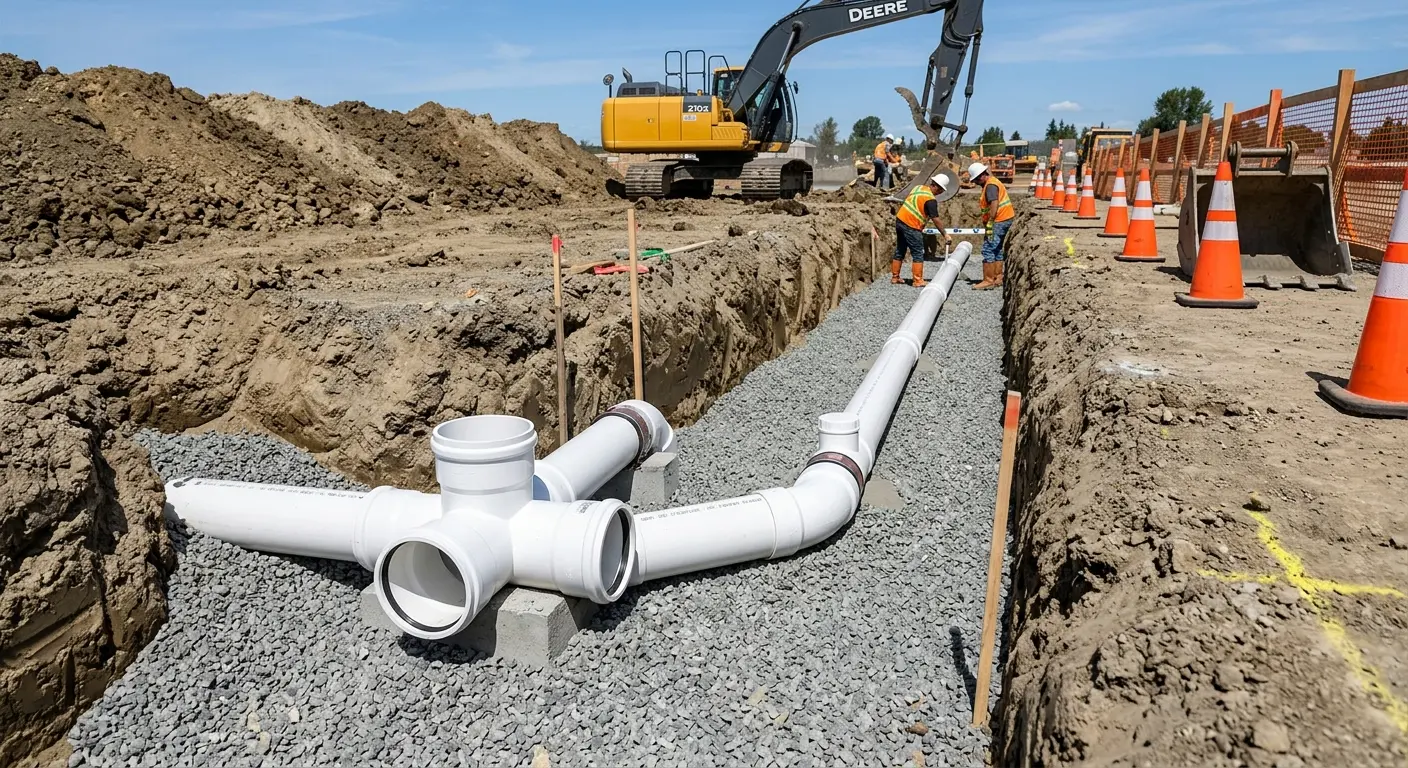 New PVC sewer pipe installation in open trench for Sewer Camera Inspection in Rockaway