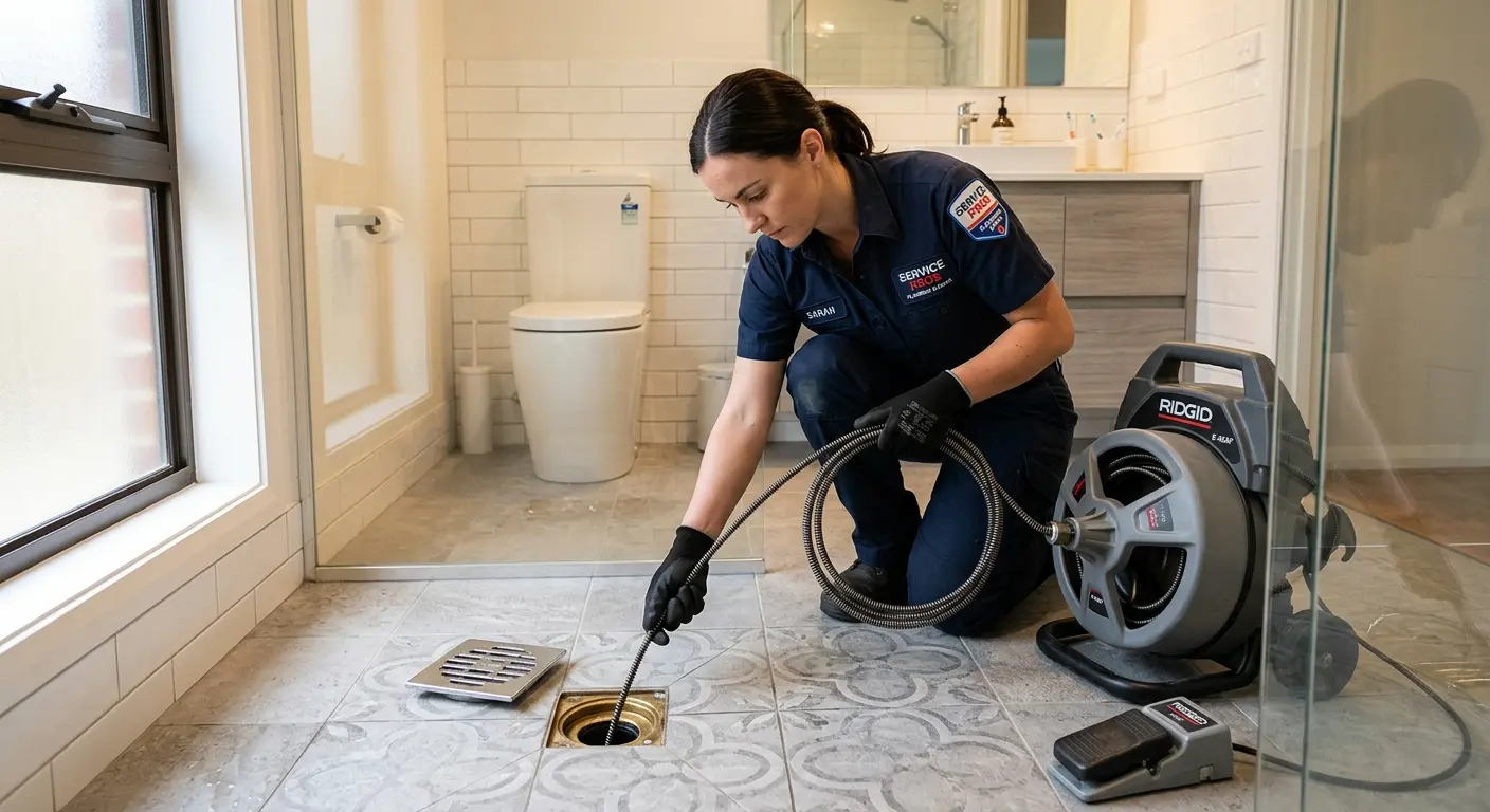 Technician clearing a bathroom floor drain for Sewer Line Installation in Rockaway